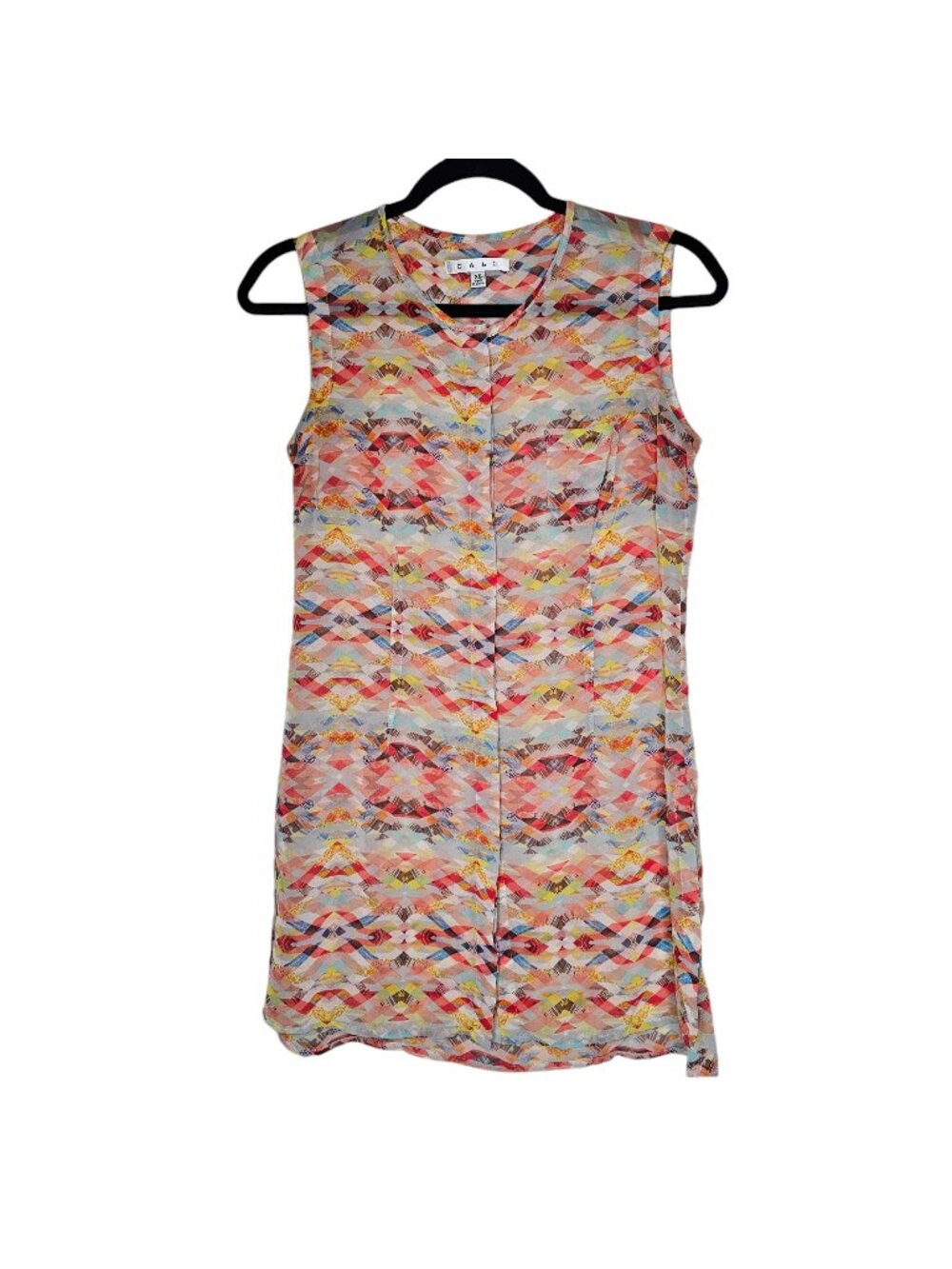 Cabi XS Multi Color Geometric Print Tunic Tank Top Wide Strap Sheer Abstract